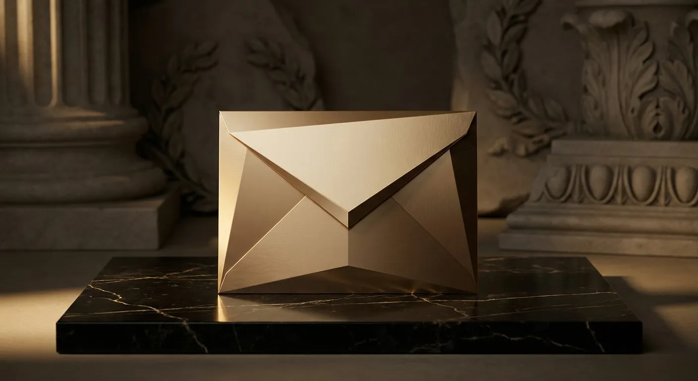 Angular chamfered gold envelope with bevelled facets catching warm light against dark veined marble, classical antiquity styl