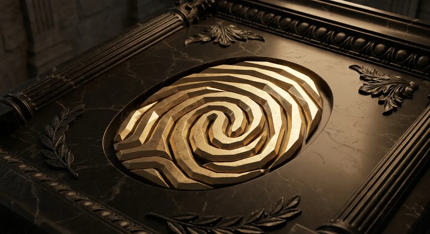 Polished faceted gold fingerprint spiral relief carved into dark veined marble, cinematic warm key light, classical antiquity