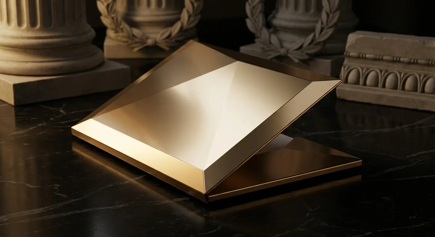 Angular faceted gold document folder half open on dark black marble, cinematic warm key light, classical antiquity styling