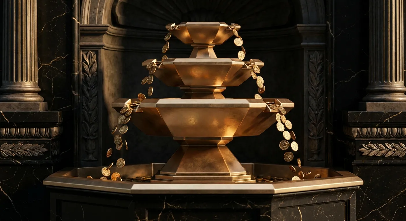 Polished faceted gold fountain tier with cascading coins mid-fall, cinematic warm lighting against dark veined black marble