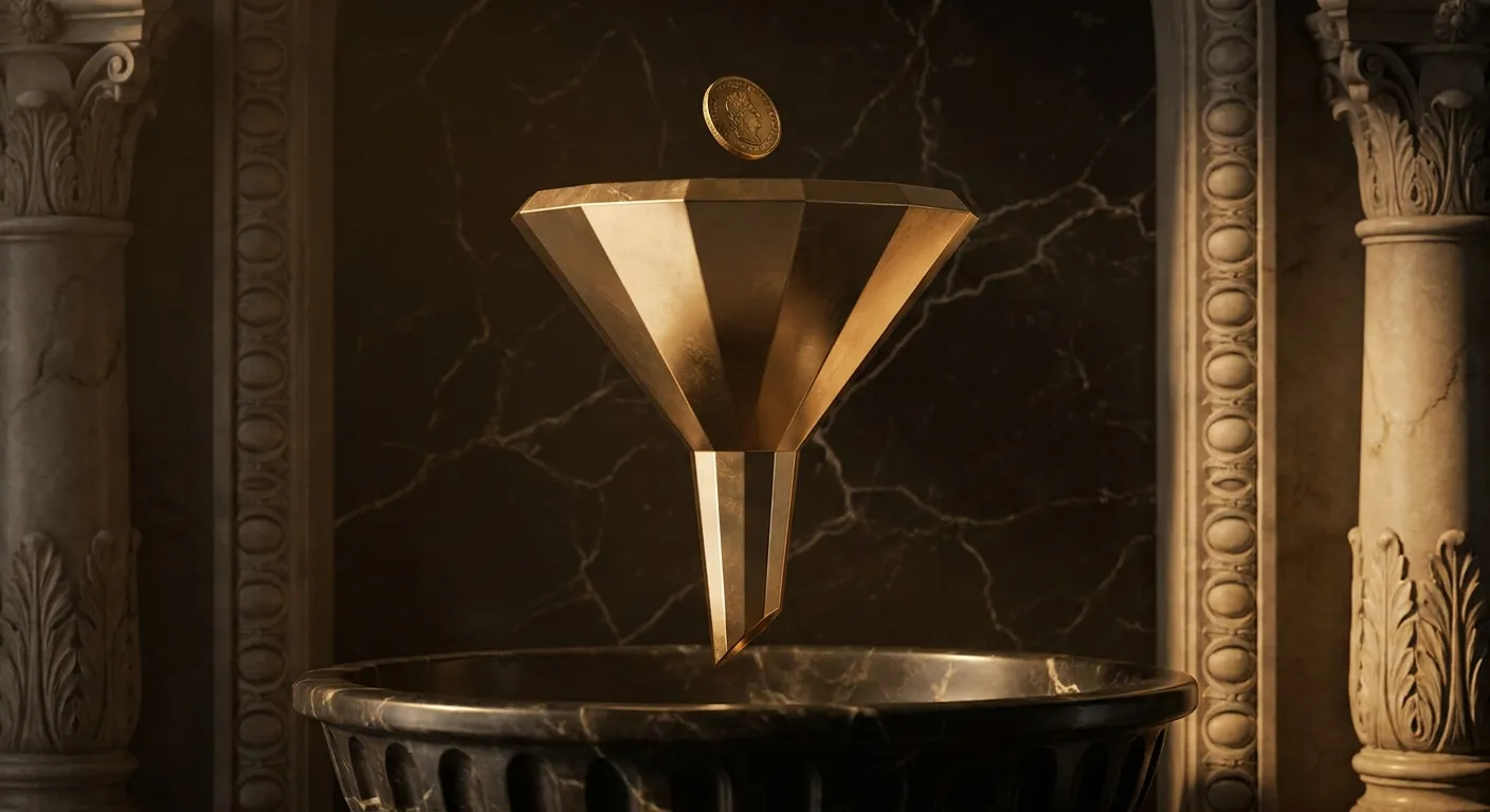 Cinematic faceted gold funnel over a dark veined marble basin, single coin dropping in, warm champagne highlights, classical 