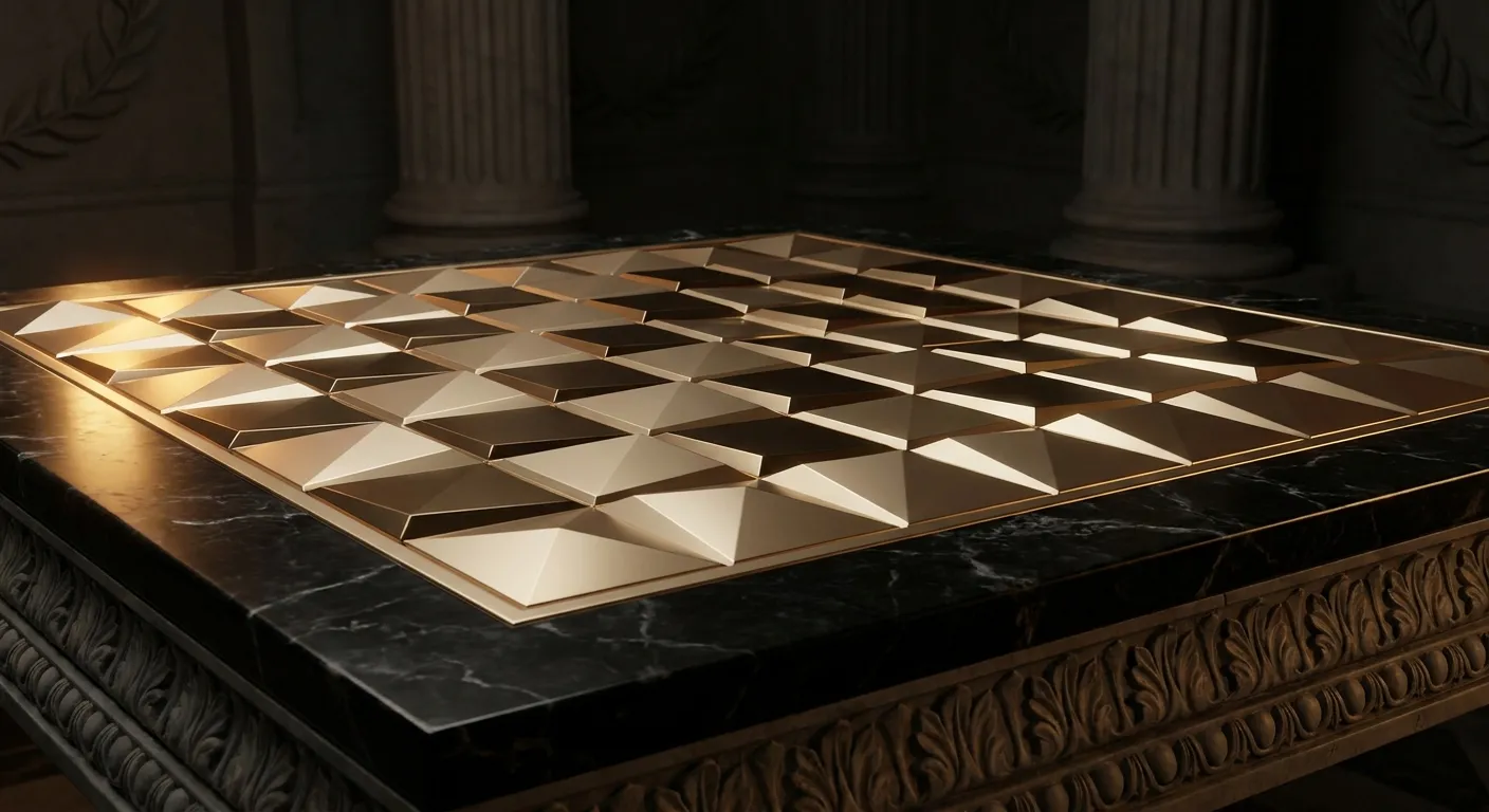 Polished faceted gold game board grid inlaid in dark veined marble, cinematic warm raking light, classical antiquity styling,