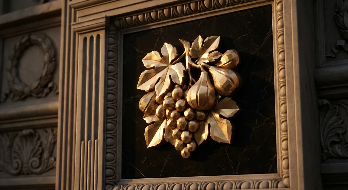 Polished faceted gold grapes and figs carved in relief on dark veined black marble, cinematic warm key light casting deep ant