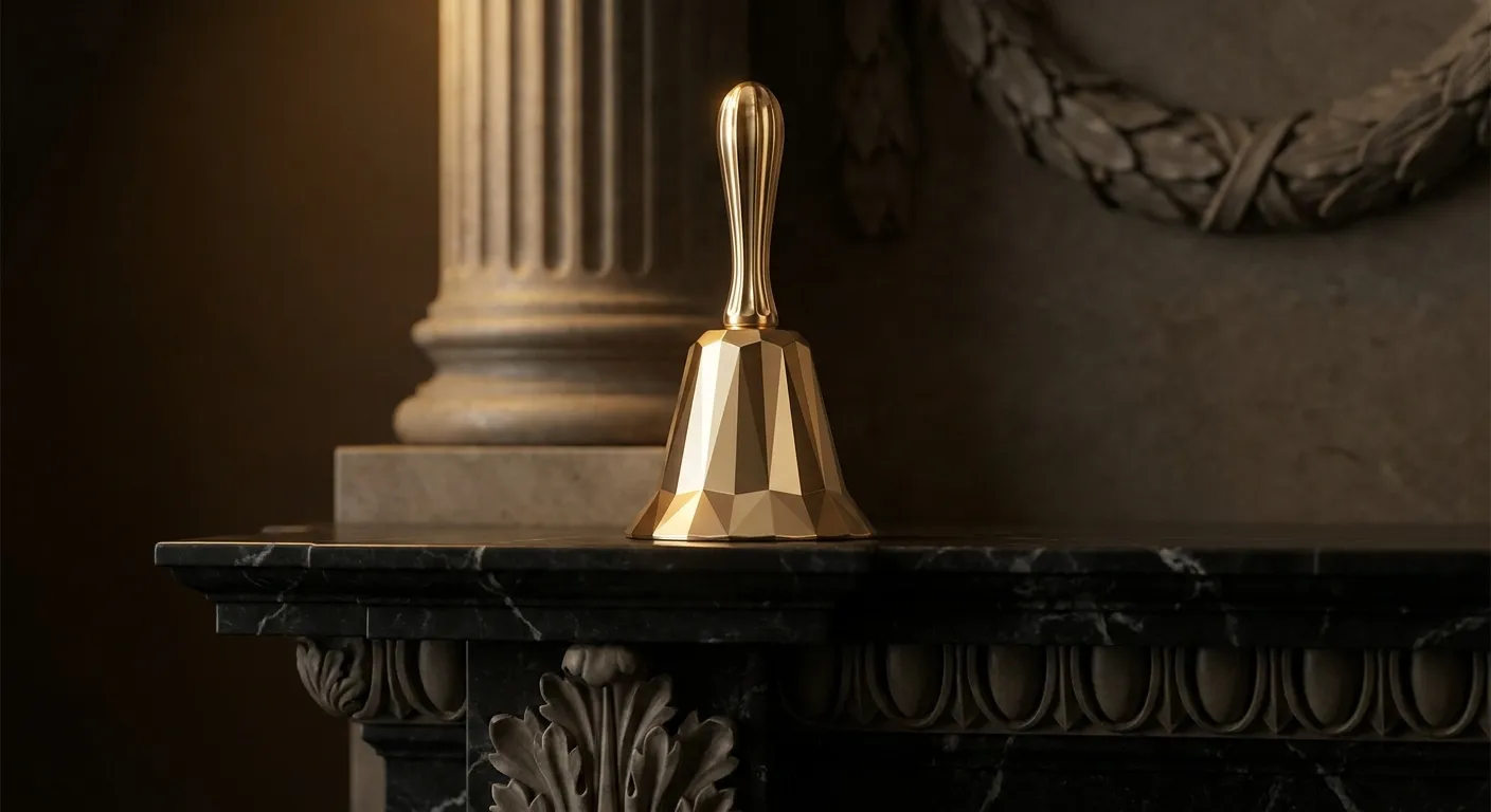 Polished faceted gold hand bell on dark veined marble ledge, cinematic warm key light revealing chamfered edges and antique b