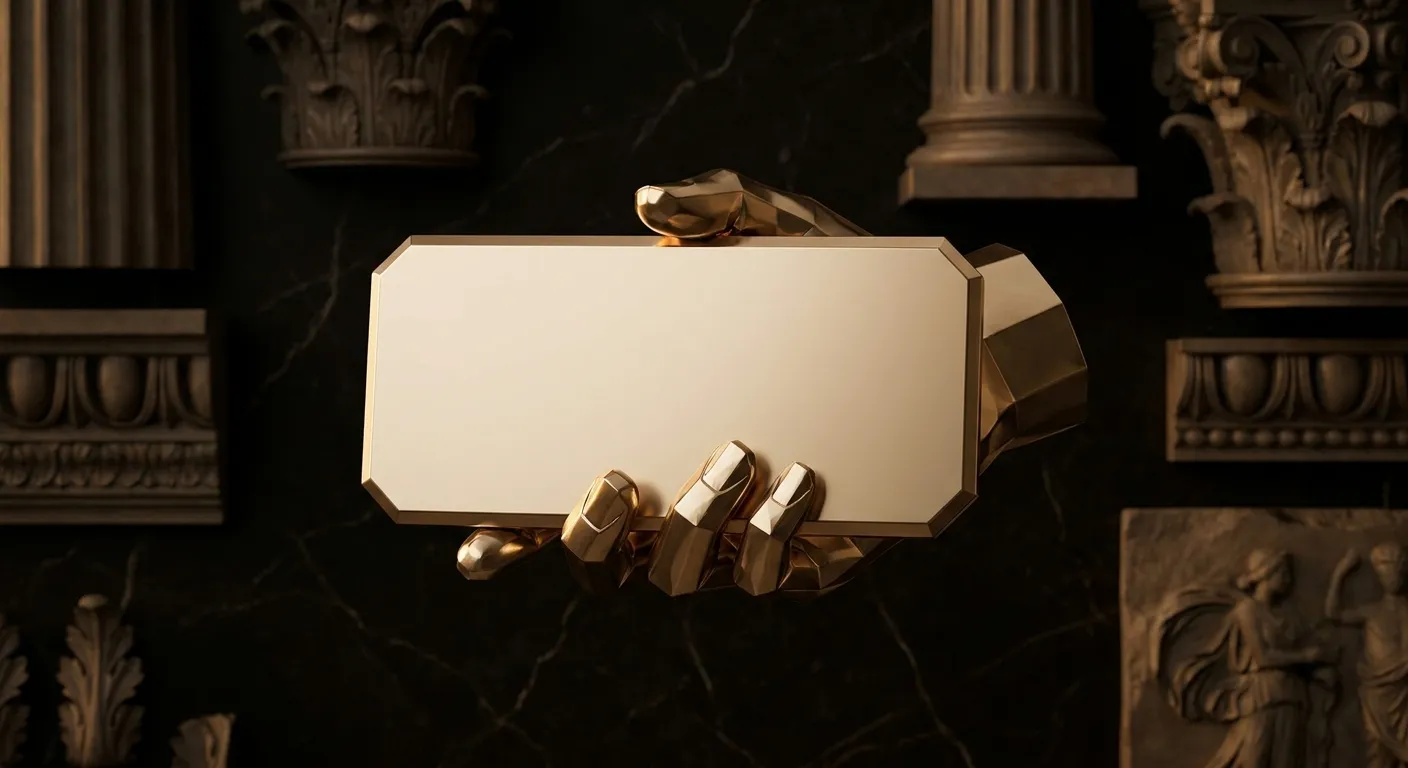 Polished faceted gold hand holding a blank chamfered slab in relief, warm champagne highlights, dark marble background, cinem