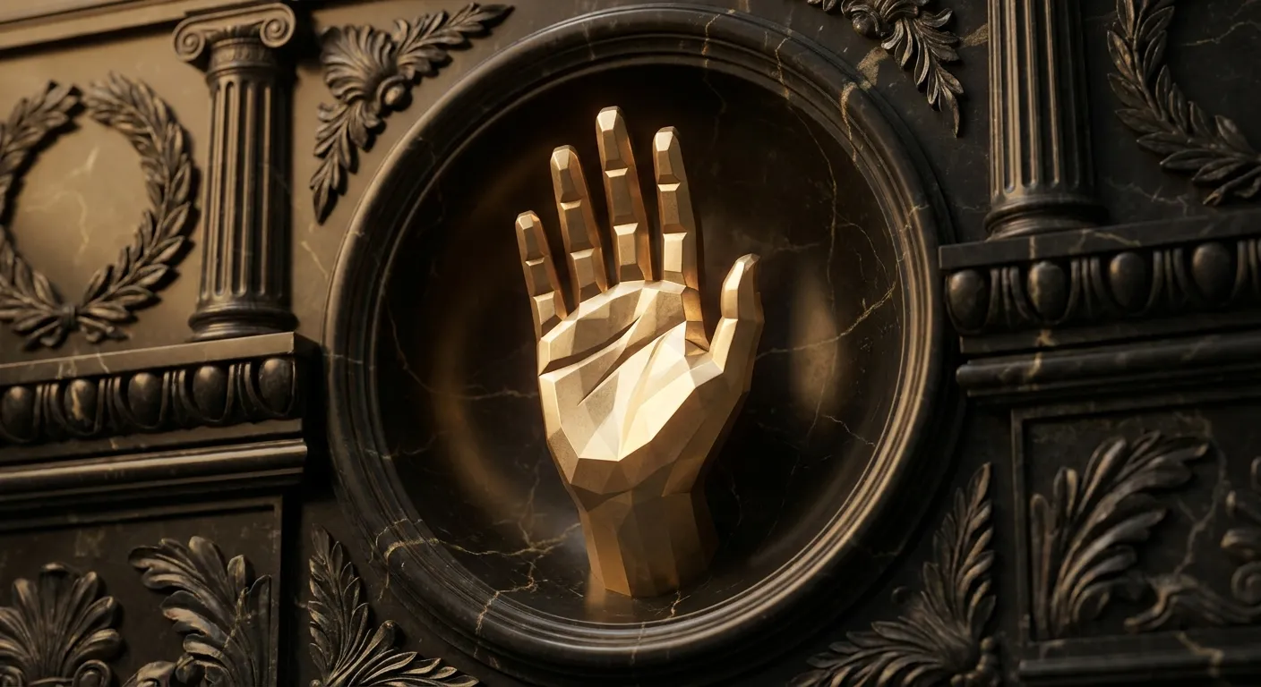 Polished faceted gold hand raised palm outward carved in relief on dark veined marble with classical antiquity styling and ci