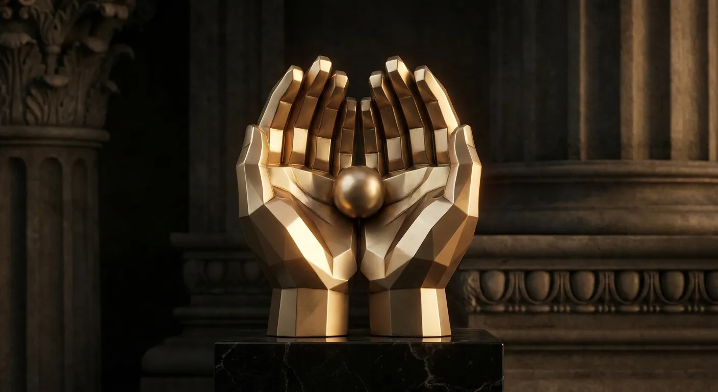 Polished chamfered gold hands cupped around a small sphere against dark veined black marble, cinematic low-key lighting