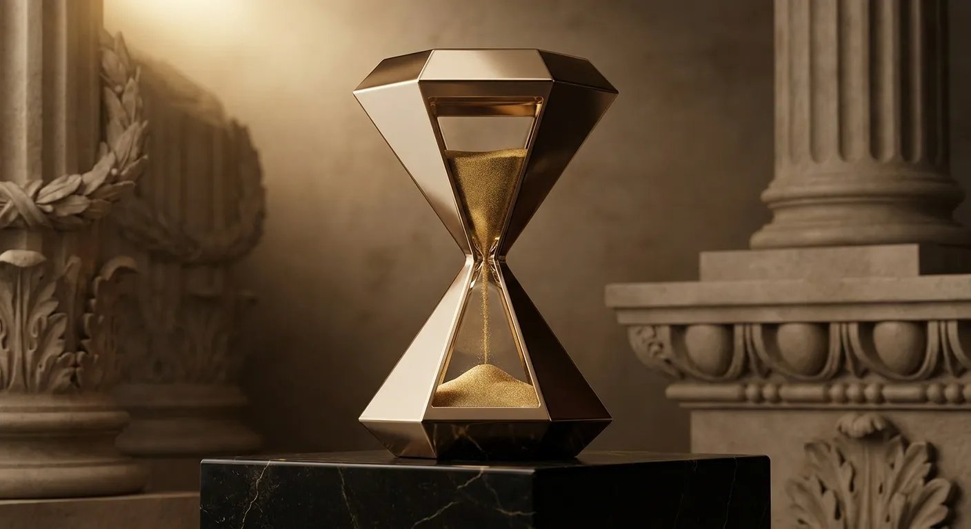 Polished faceted gold hourglass with cascading gold sand against dark black marble, sharp chamfered edges catching warm cinem