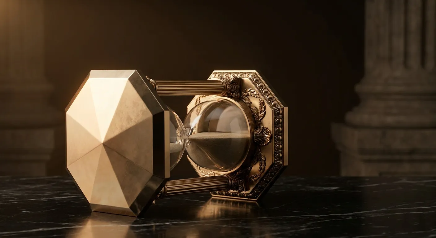 Polished faceted gold hourglass lying on its side on dark veined black marble, lit with warm cinematic key light