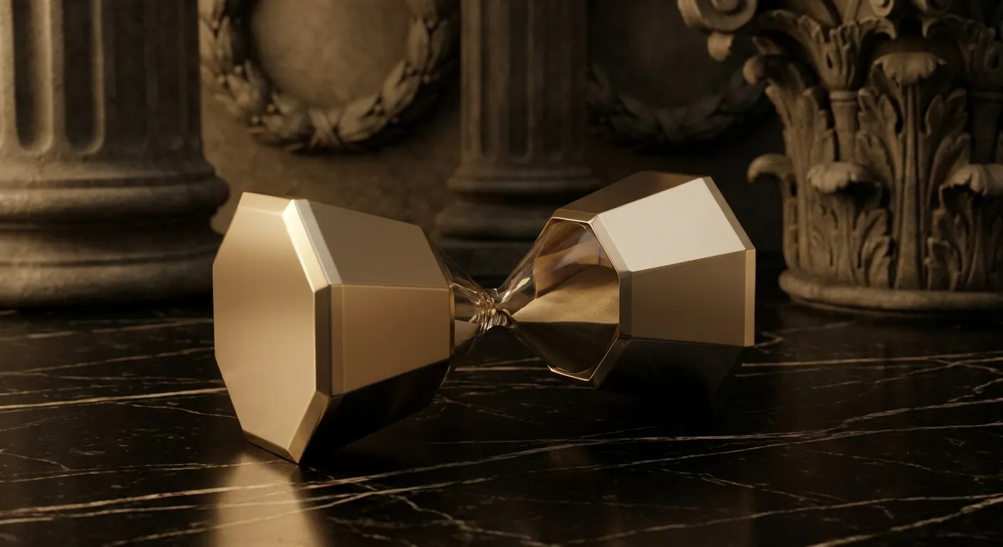 Polished faceted gold hourglass on its side atop dark black marble, warm cinematic key light casting deep shadows on chamfere