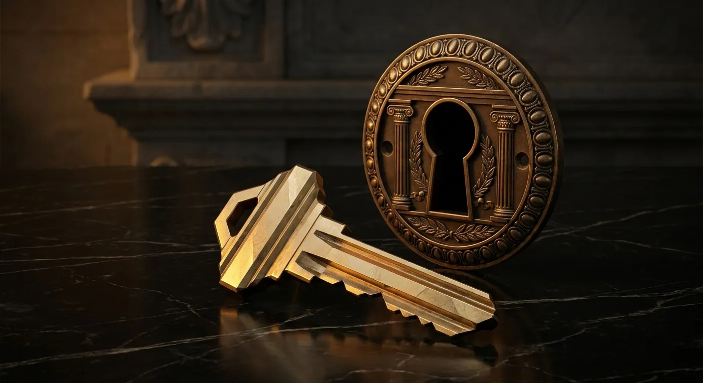 Faceted gold key lying diagonally on black marble beside an open bronze keyhole plate, warm cinematic raking light