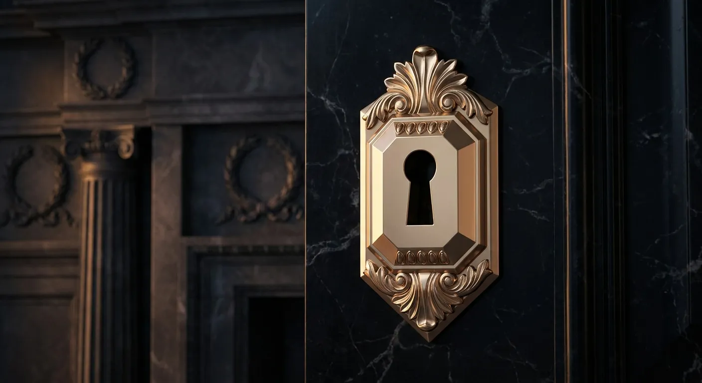 Polished faceted gold keyhole escutcheon on dark veined marble panel, single warm raking light casting deep shadows across ch