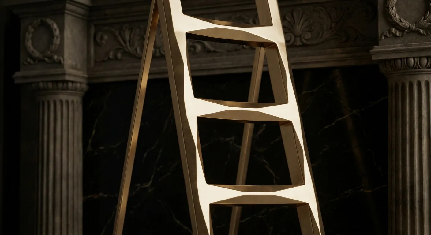 Polished faceted gold three-rung ladder with chamfered edges and warm champagne highlights against dark veined black marble w