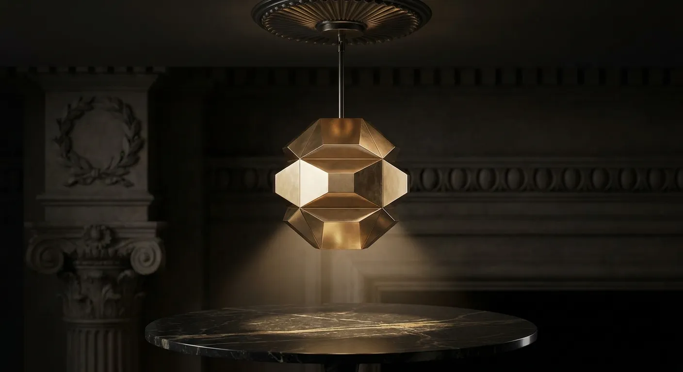 Polished faceted gold hanging lamp with chamfered edges casting a warm pool of light over an empty dark marble table