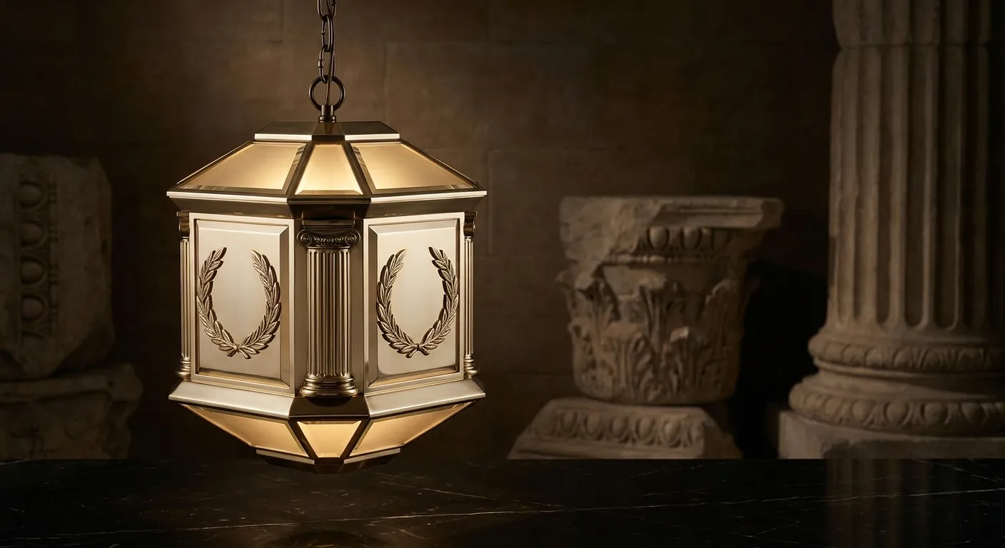 Cinematic faceted gold lantern with chamfered edges and warm champagne highlights glowing against dark veined black marble ba