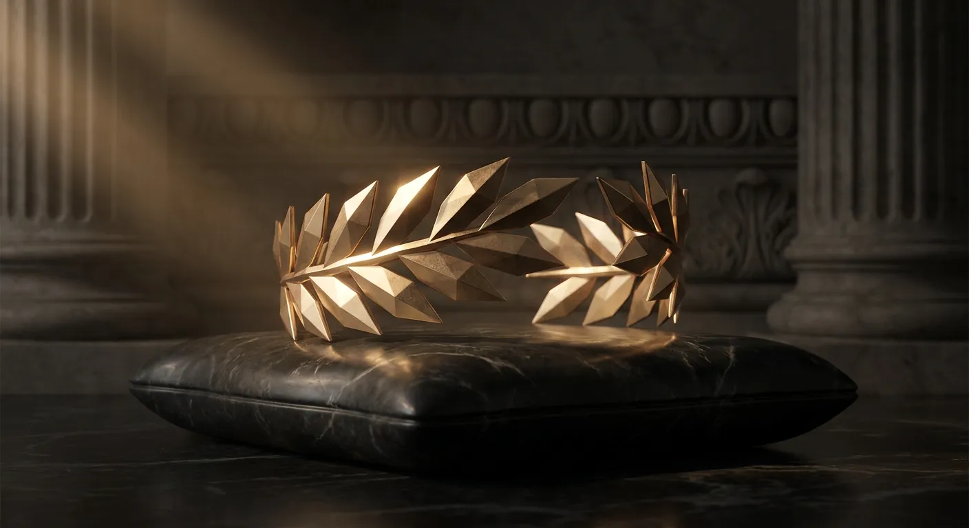 Polished faceted gold laurel crown with sharp chamfered edges resting on dark black marble, warm cinematic key light casting 