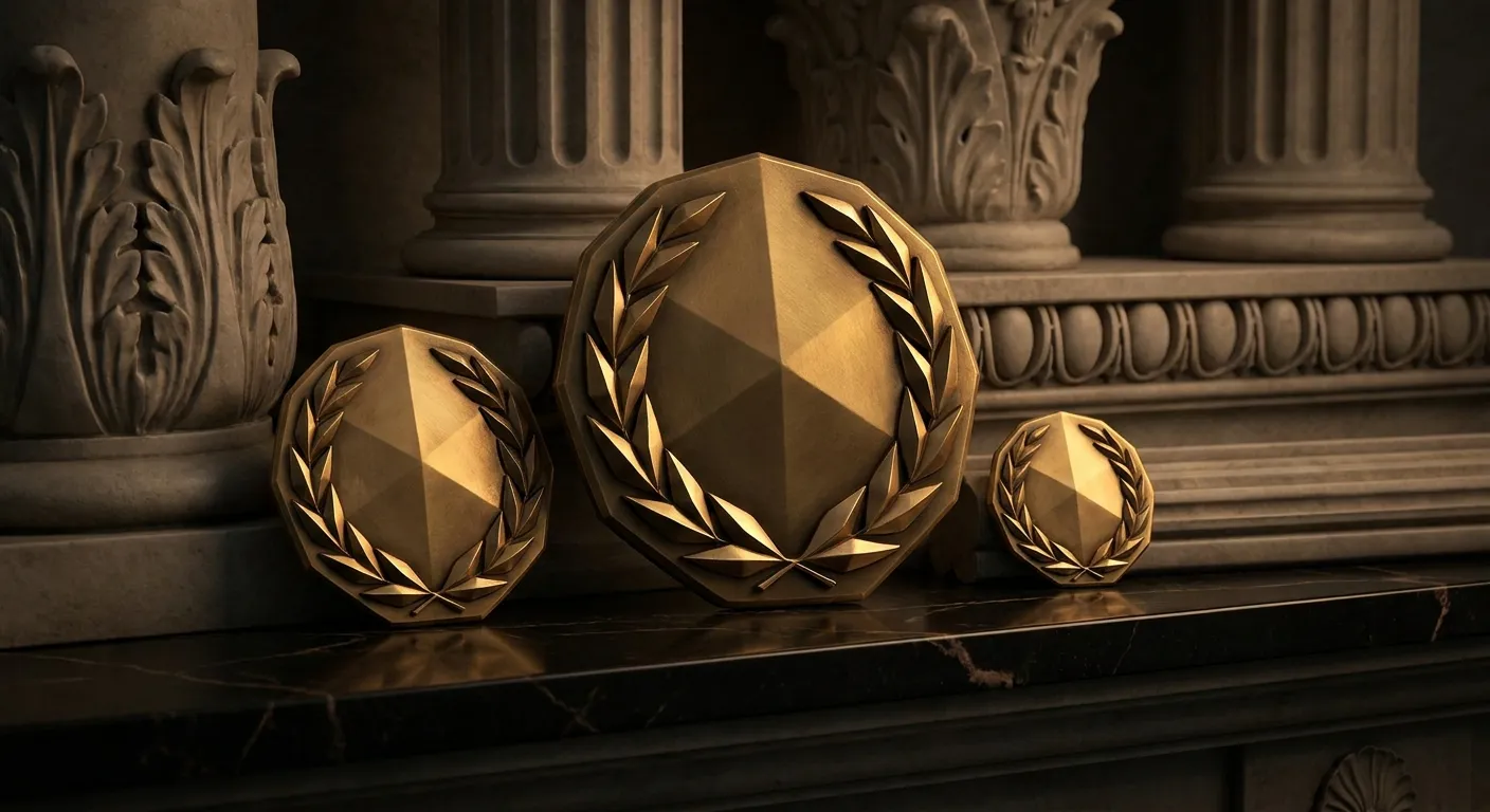 Three polished faceted gold laurel medallions of varying sizes on a dark veined marble shelf under warm cinematic raking ligh
