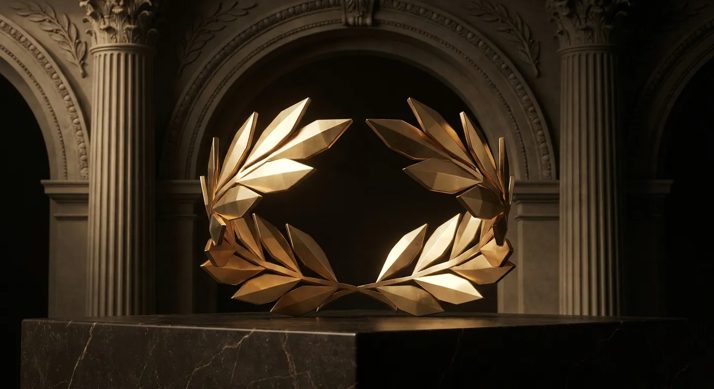 Polished faceted gold laurel victory wreath resting on a dark veined marble plinth, shadowed classical arches behind