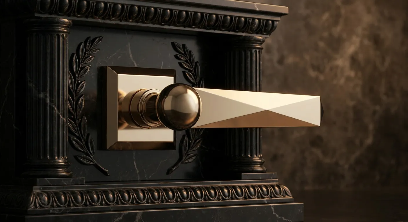 Polished faceted gold lever with spherical knob set into dark veined marble plinth, cinematic warm key light with deep antiqu