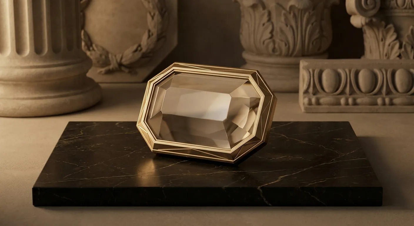 Polished faceted gold magnifying lens on dark veined marble tablet, cinematic warm key light, classical antiquity styling, sh