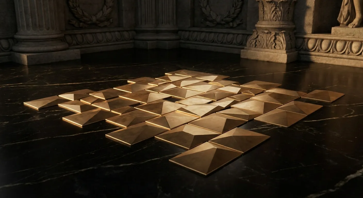 Polished faceted gold mosaic tesserae set into dark veined marble floor, sharp chamfered edges catching warm cinematic light 