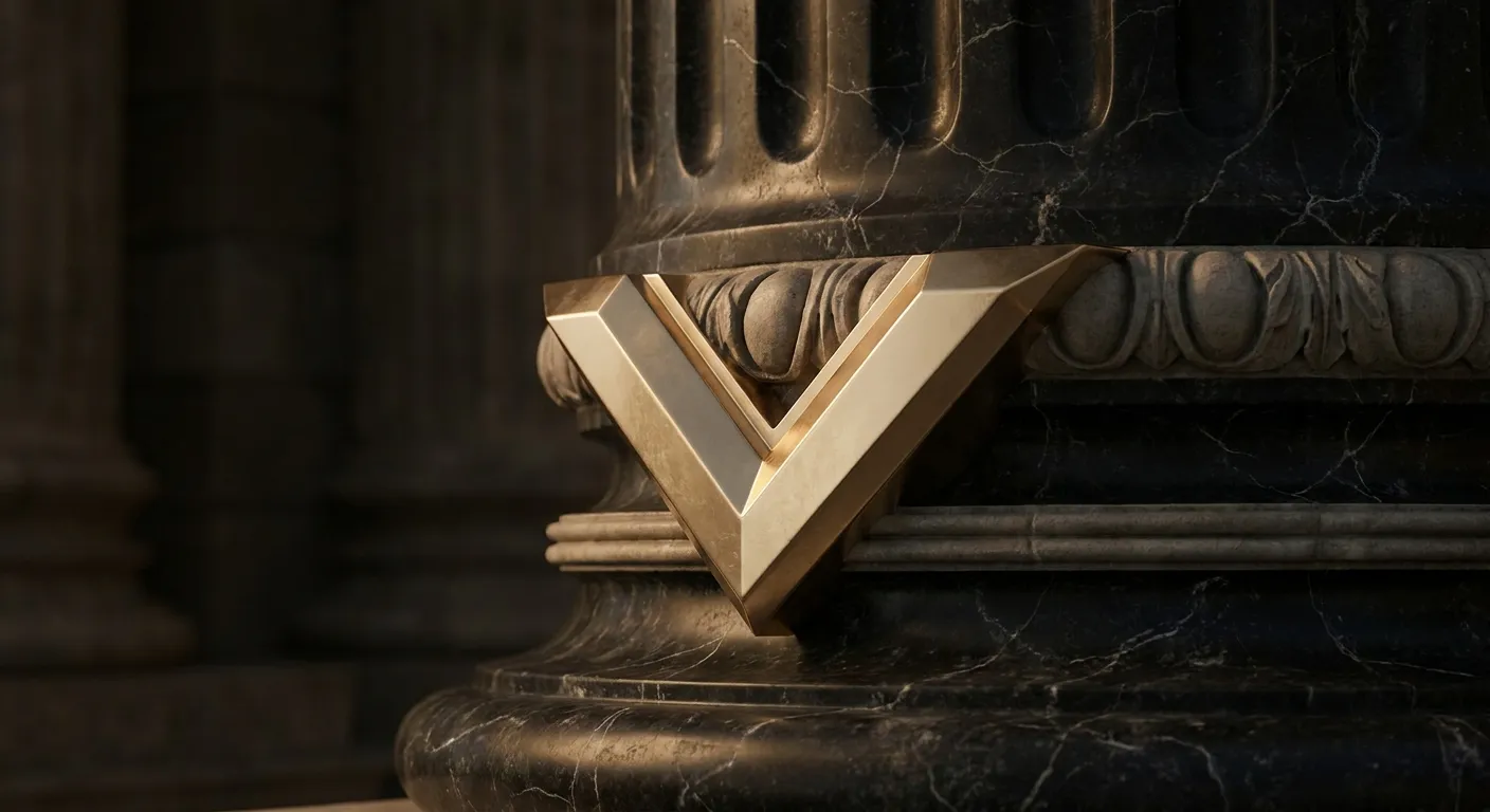 Polished faceted gold notch carved into a dark veined marble column base, sharp chamfered edges catching warm cinematic light