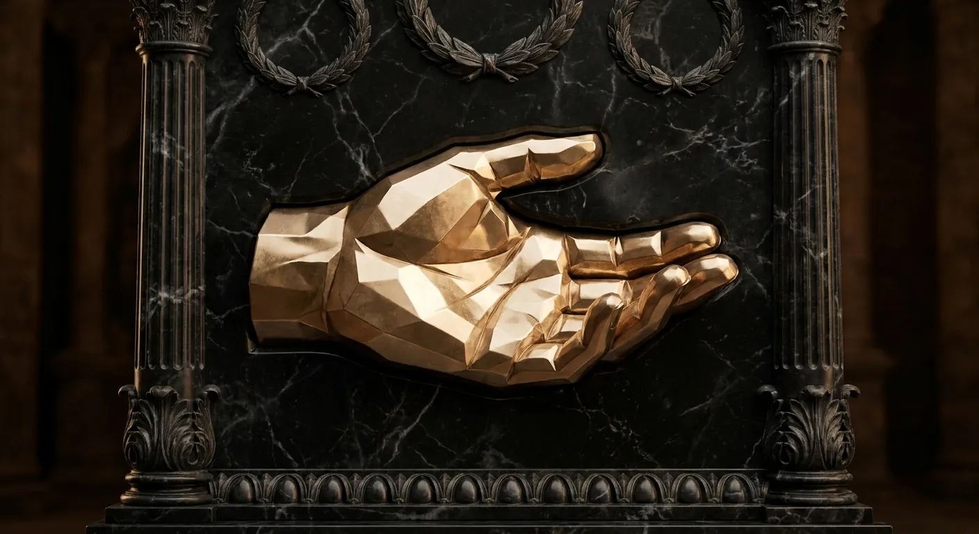 Polished faceted gold open hand carved in relief on dark veined black marble, cinematic warm light, classical antiquity style