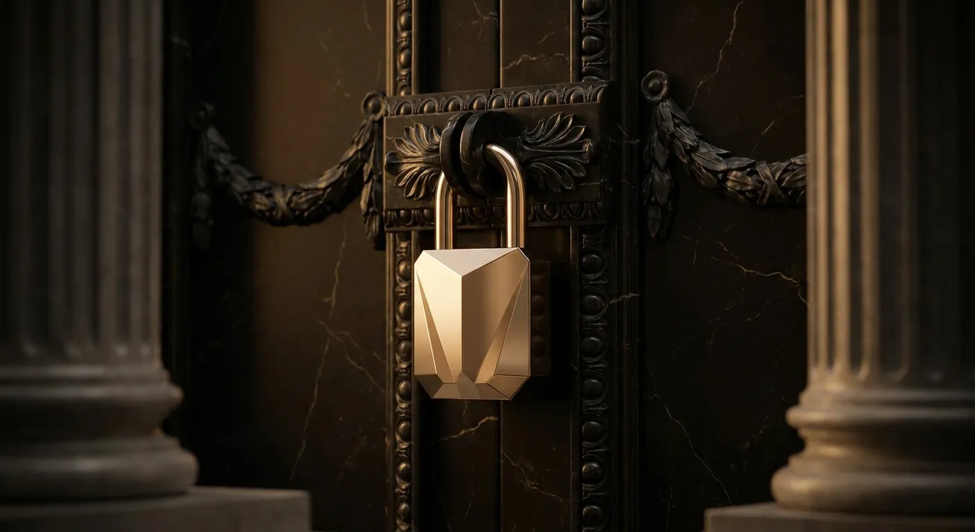 Polished faceted gold padlock on dark marble door clasp, sharp chamfered edges with warm champagne highlights and deep antiqu