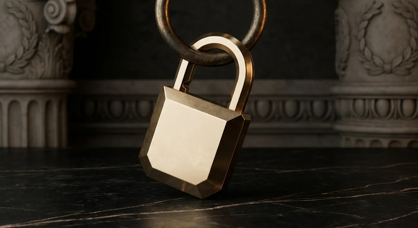 Polished faceted gold padlock hanging open from a bronze ring, cinematic warm key light on dark veined black marble backgroun