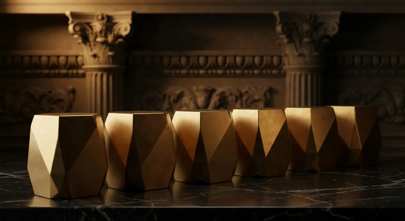 Row of empty faceted gold pedestals with chamfered edges on dark veined marble, lit by warm cinematic key light with classica