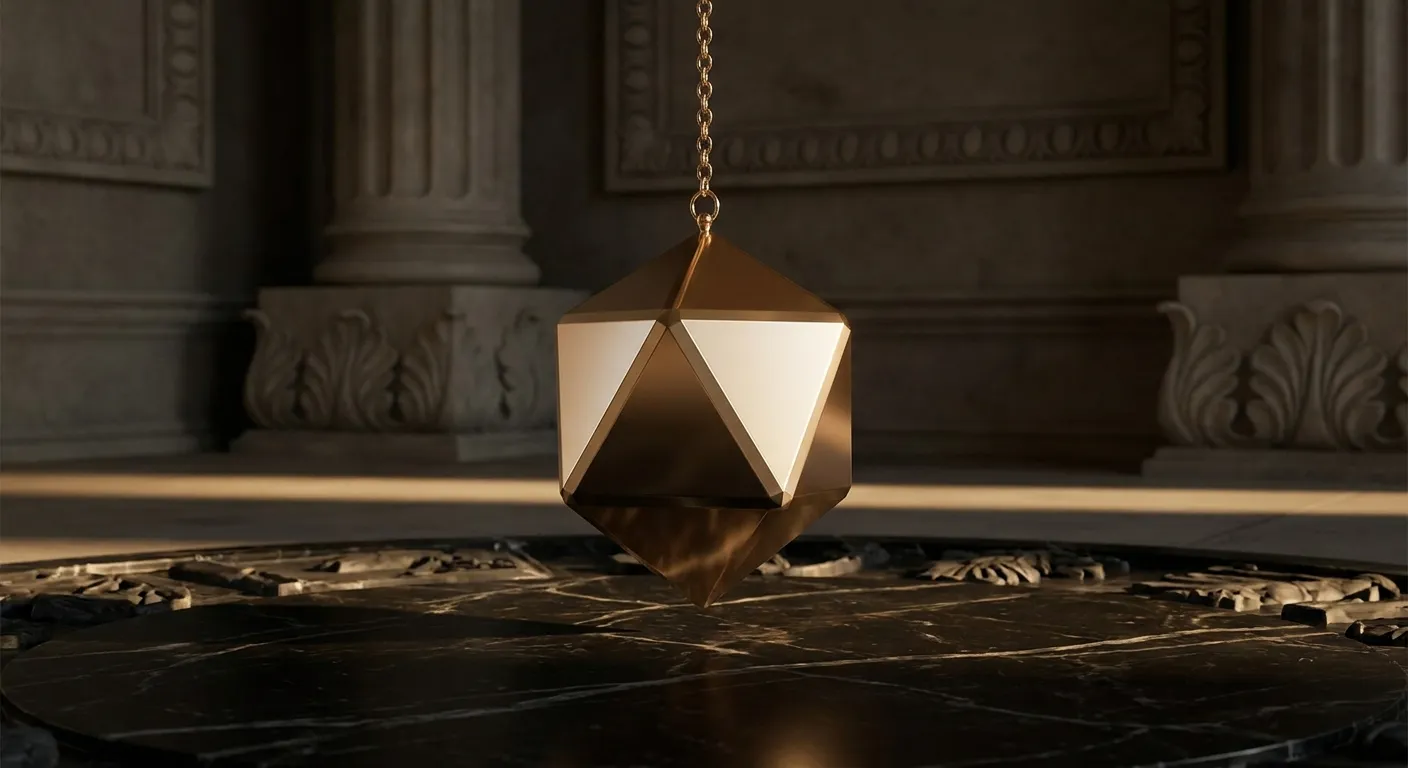 Polished faceted gold pendulum at top of arc above black veined marble, cinematic warm key light, classical antiquity setting