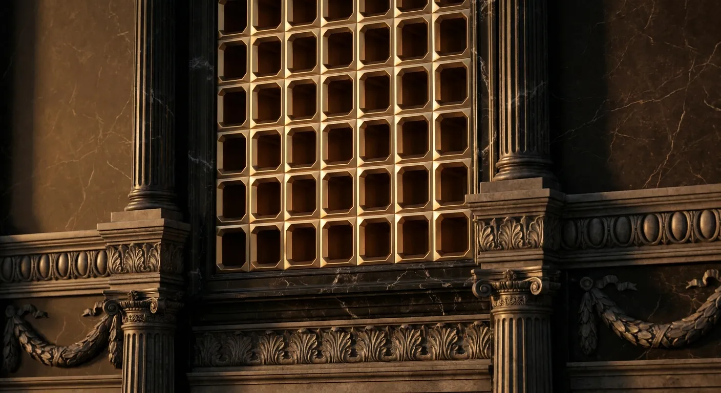 Wall of empty polished faceted gold pigeonholes set in veined black marble with classical acanthus and egg-and-dart mouldings