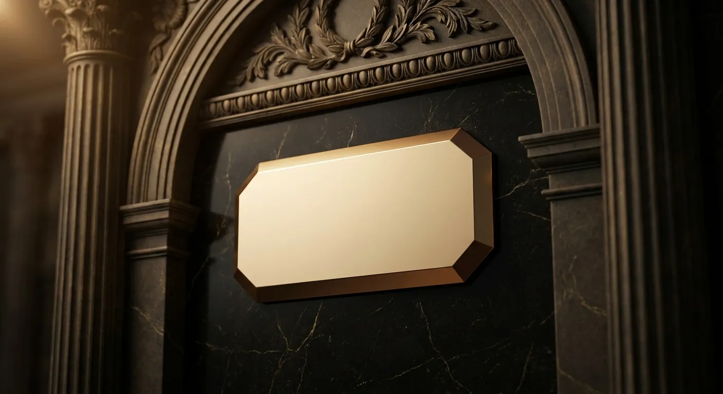 Blank polished faceted gold plaque set into dark veined black marble with classical antiquity decor and cinematic warm light