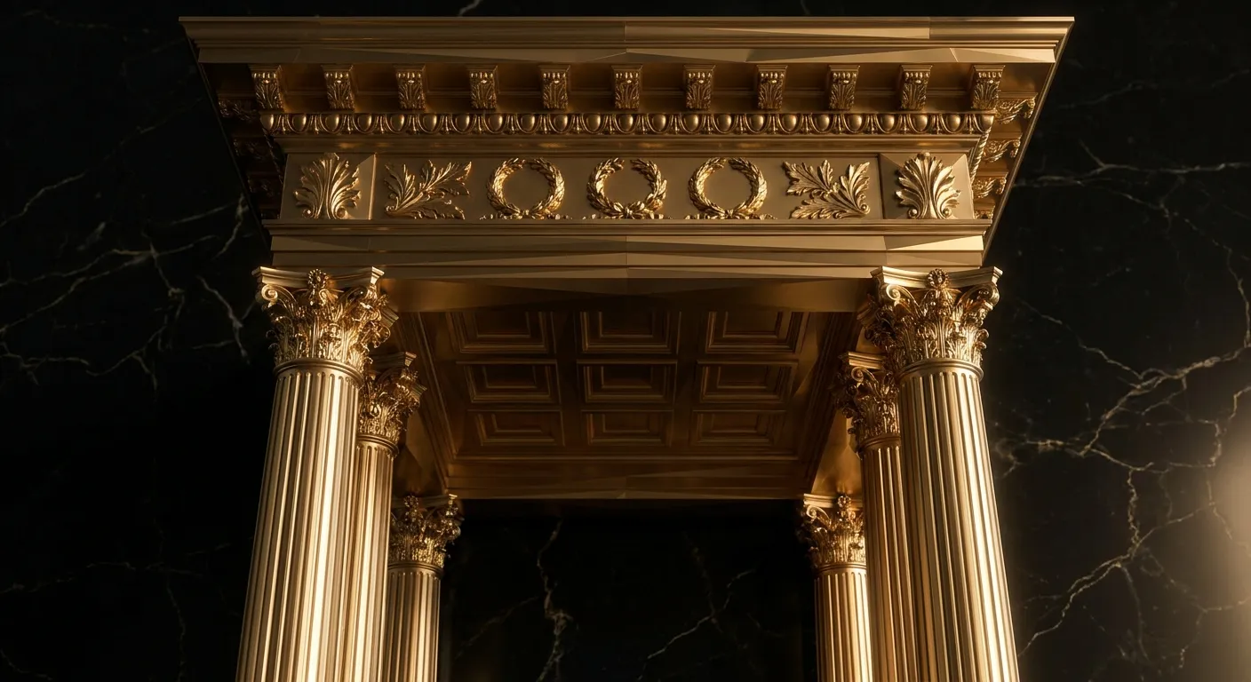 Cinematic low-angle view of a faceted gold classical portico with fluted columns and acanthus details against dark veined bla
