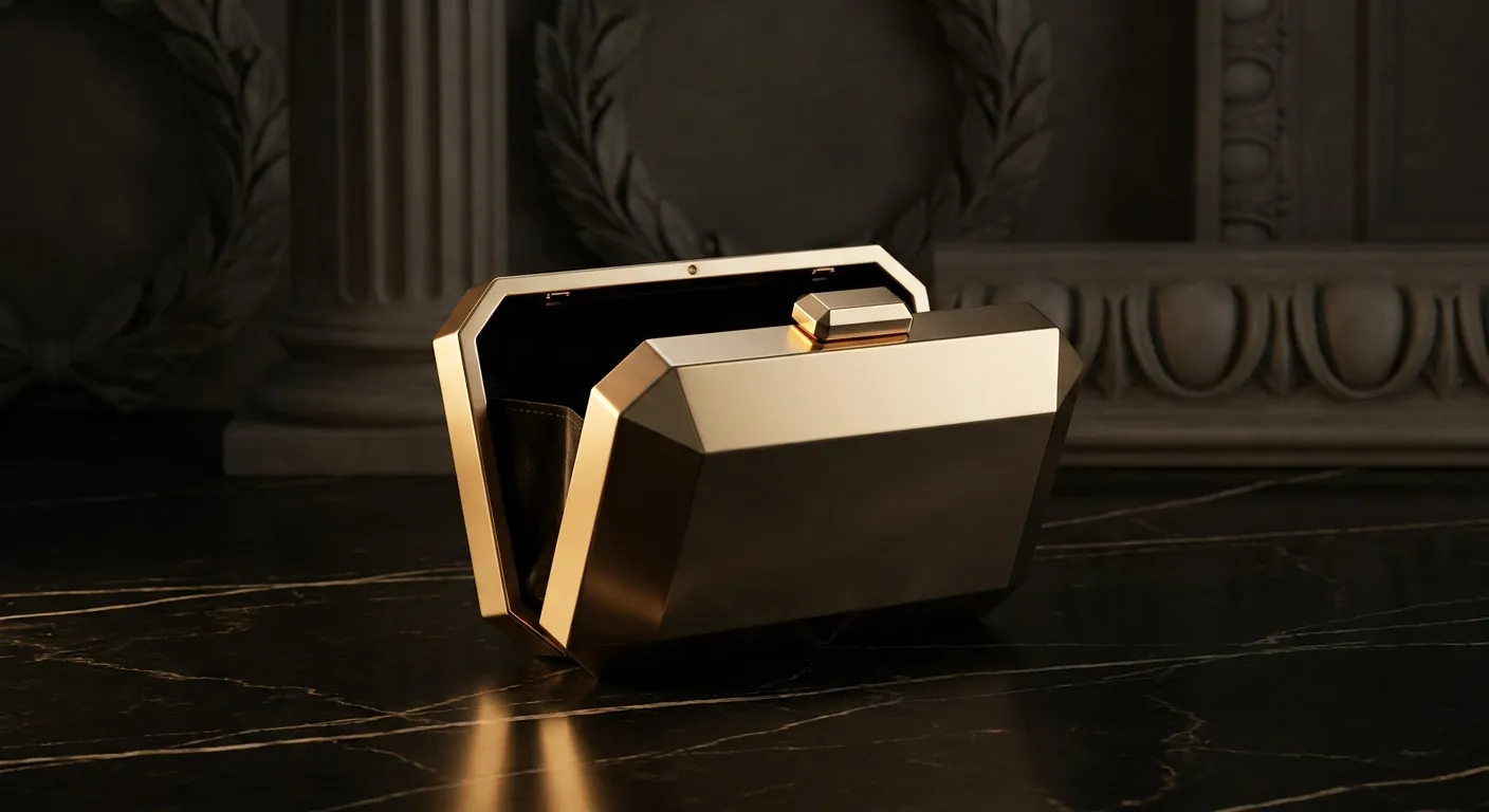 Open faceted gold purse with chamfered clasp on black marble, warm cinematic key light casting deep antique bronze shadows