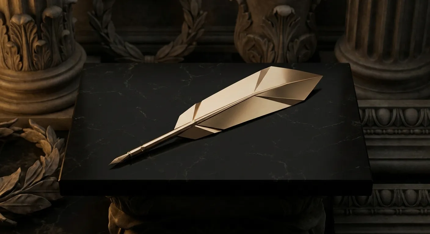 Faceted gold quill with chamfered edges and warm champagne highlights resting on a blank marble tablet against dark veined bl