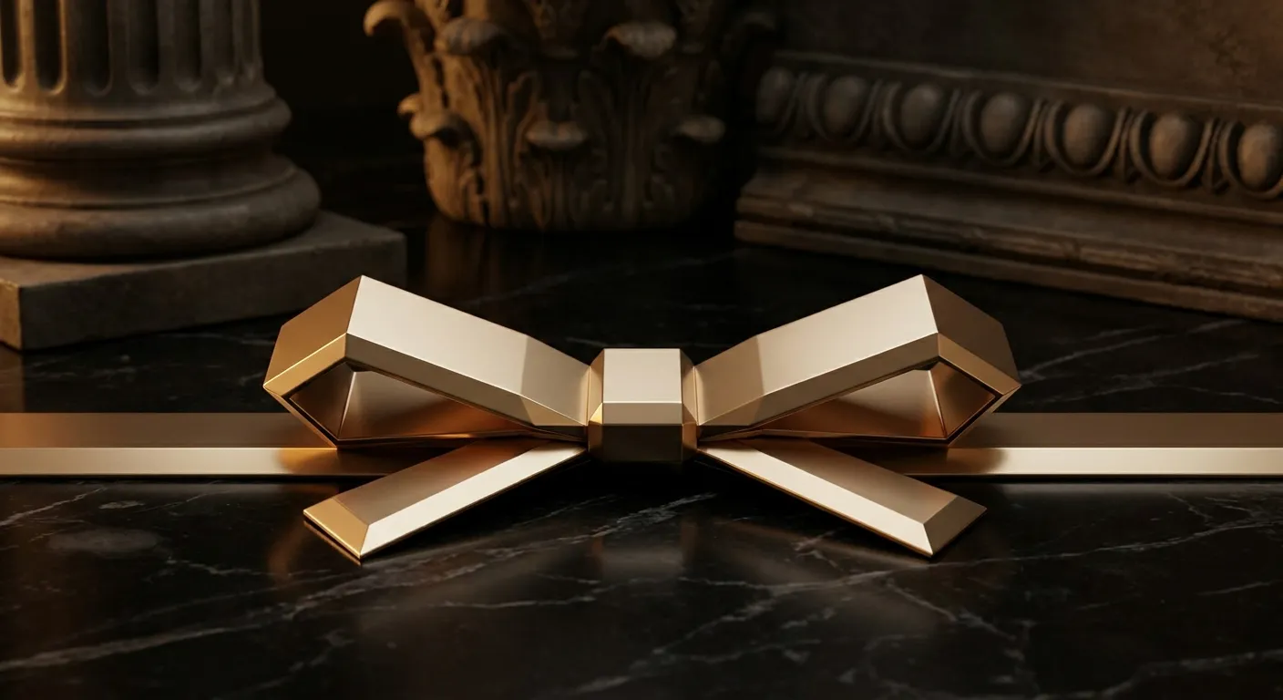 Polished faceted gold ribbon tied in a flat angular bow on dark black marble, cinematic warm light casting deep antique bronz