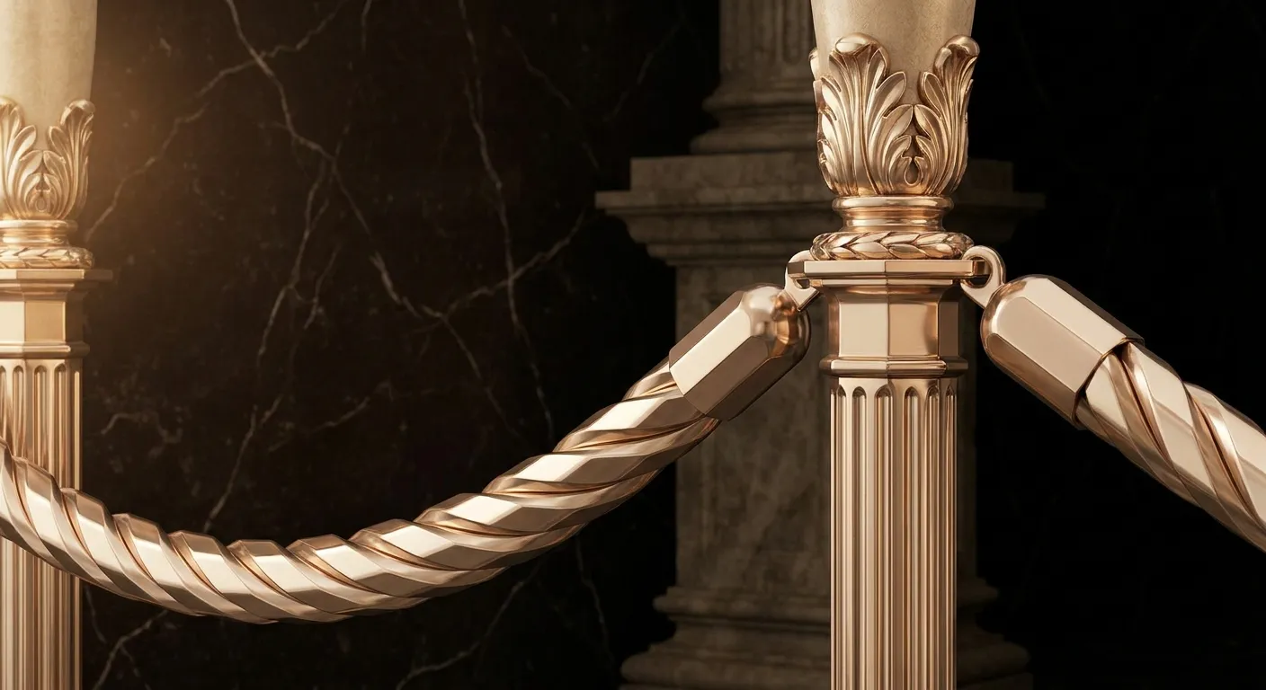 Chamfered polished gold rope barrier post with warm champagne highlights and antique bronze shadows on dark veined black marb