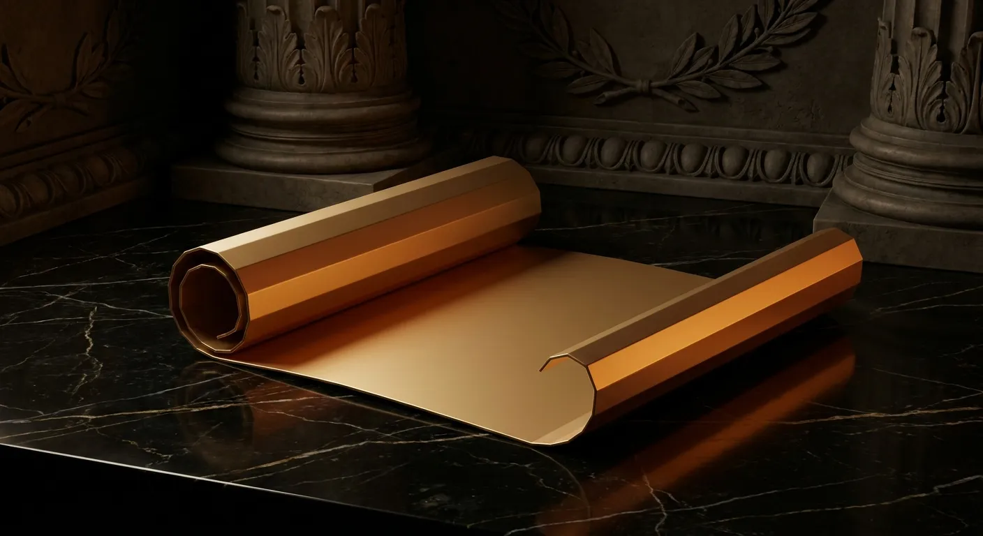 Polished faceted gold scroll partly unrolled on black marble desk, sharp chamfered edges catching warm champagne light fading