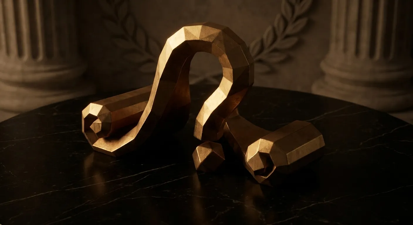 Polished faceted gold scroll curled into a question mark shape on dark veined black marble with warm cinematic lighting