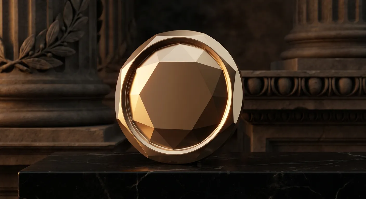 Polished faceted gold seal disc with chamfered rim on dark black marble, warm cinematic key light casting deep antique bronze
