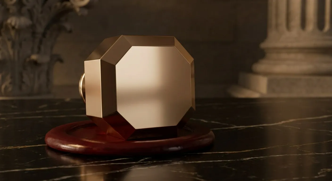 Polished faceted gold seal stamp pressed into dark red wax on black marble, cinematic low-key lighting with warm champagne hi