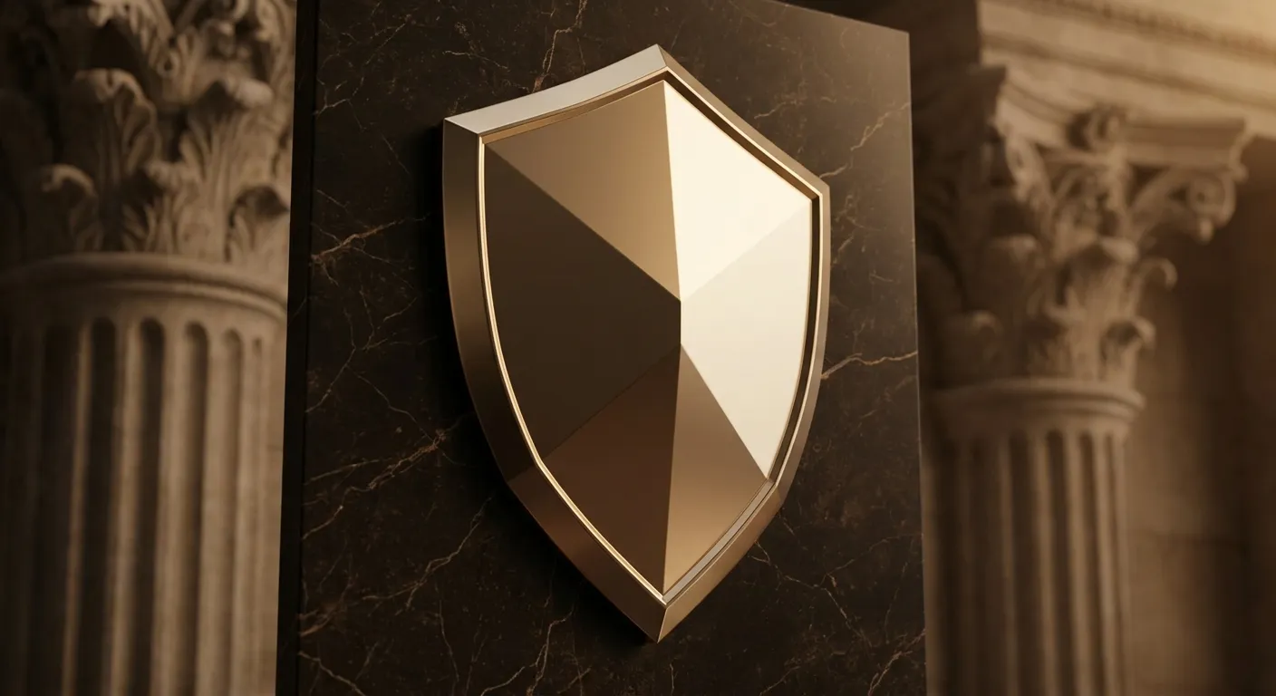 Polished faceted gold shield on dark black marble, chamfered edges catching warm light with deep antique bronze shadows