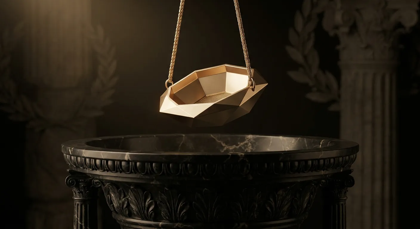 Polished faceted gold sieve suspended over dark veined marble basin with cinematic low-key lighting and classical antiquity s