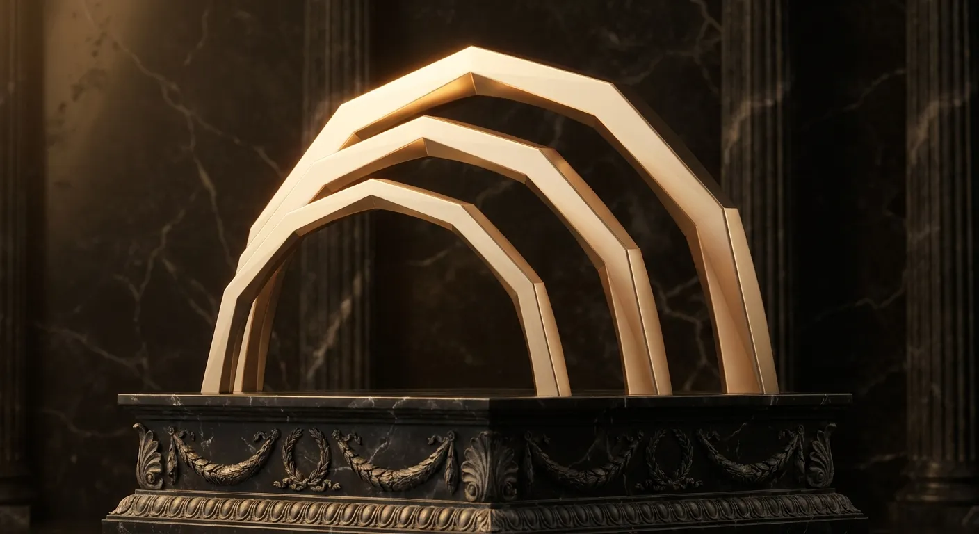 Three widening faceted gold signal arcs on a marble base, sharp chamfered edges with warm champagne highlights and deep bronz