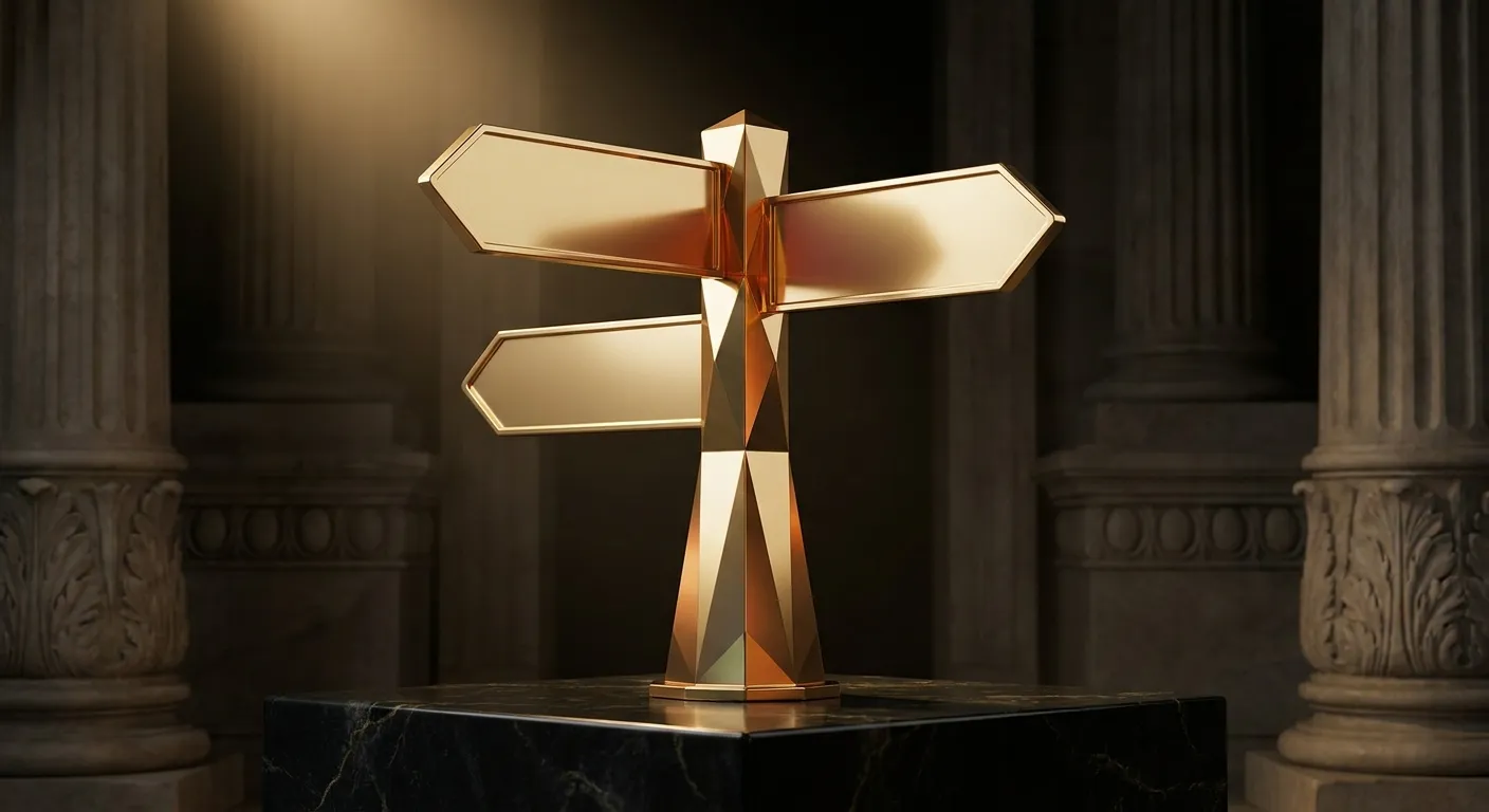 Polished faceted gold three-arm signpost with chamfered edges and warm champagne highlights set against dark veined black mar