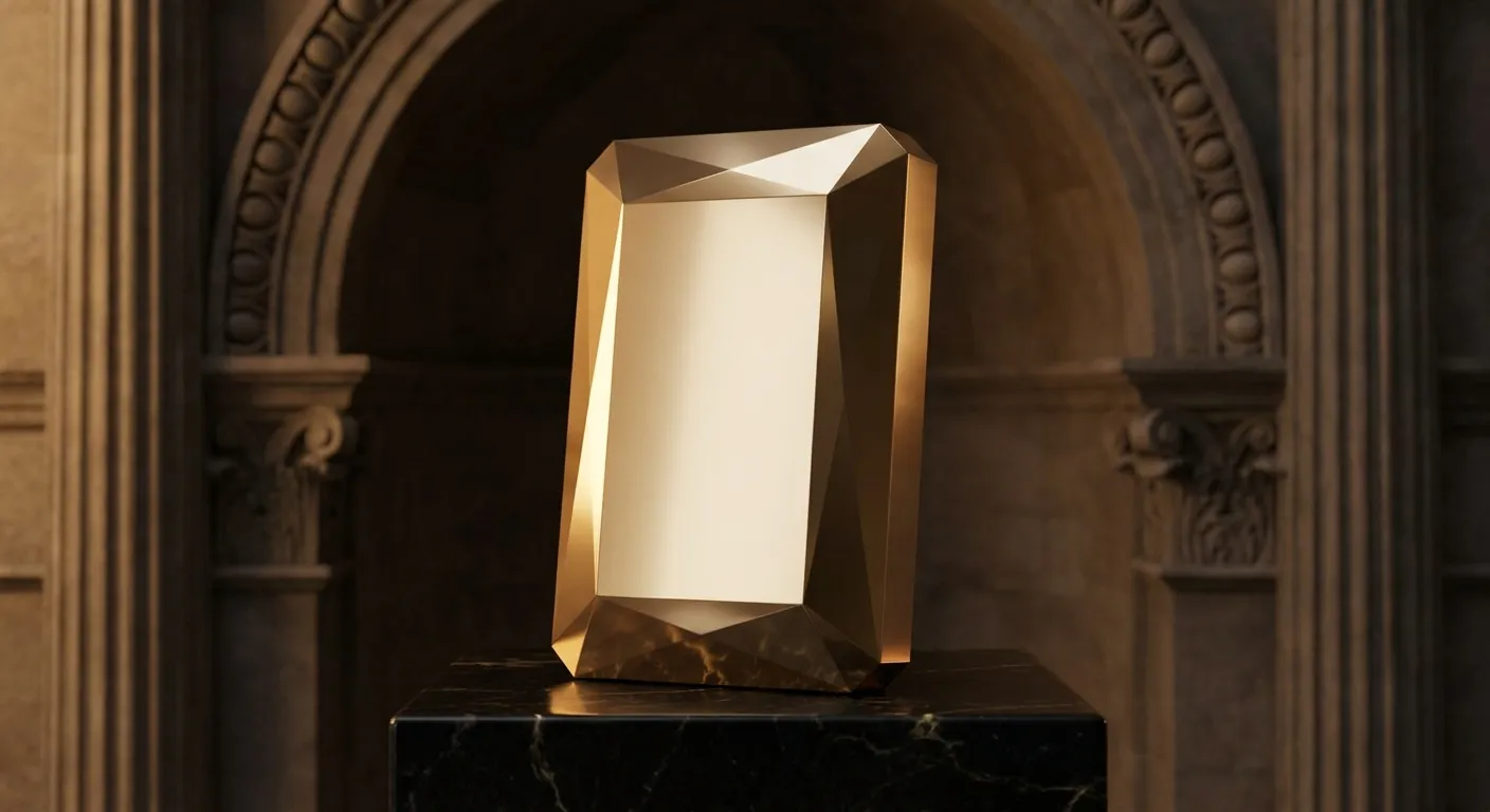 Polished faceted gold rectangular slab standing on dark veined marble, cinematic warm key light, classical antiquity columns 