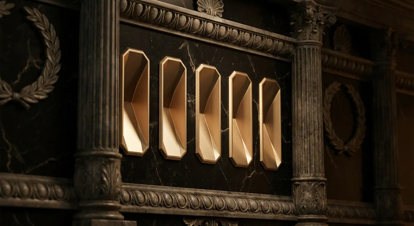 Five polished faceted gold slots recessed in dark veined marble wall, sharp chamfered edges catching warm cinematic light aga