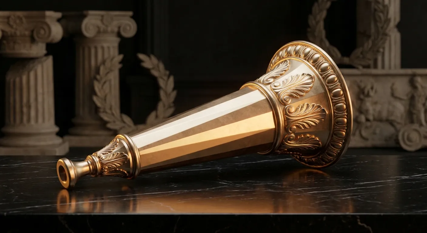 Polished faceted gold speaking trumpet resting on a black marble desk, cinematic low-key lighting with warm champagne highlig