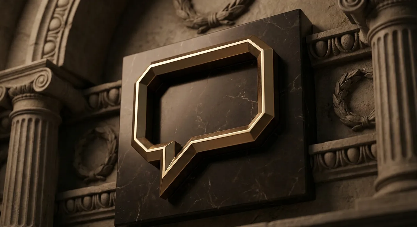 Polished faceted gold speech bubble in relief on black marble, sharp chamfered edges with warm champagne highlights and deep 